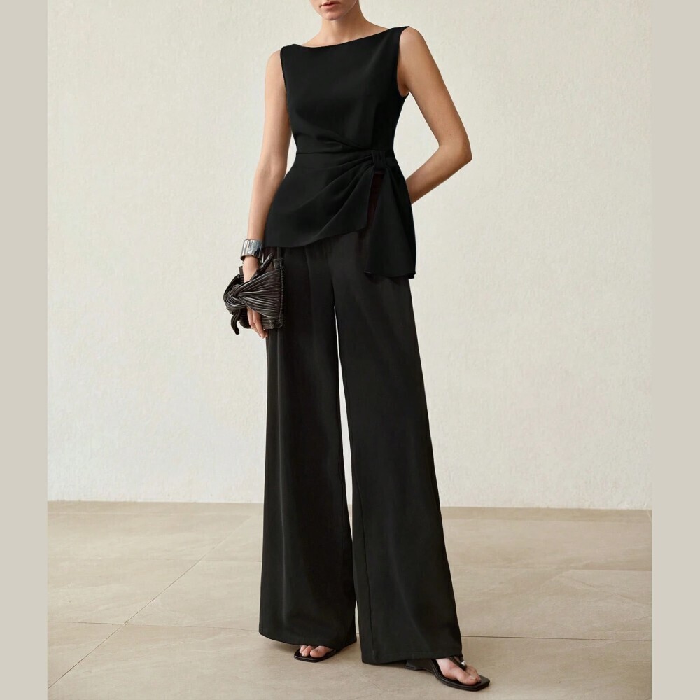 Black Boat Neck Sleeveless Draped Knot Front Peplum Top